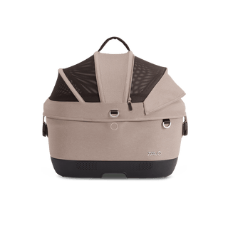Maeve iso5x pet car seat in the fawn fashion shown from the front showing the peek-a-boo window unzipped.