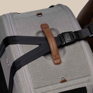Top of Crispin secured to car seat through handle with strap