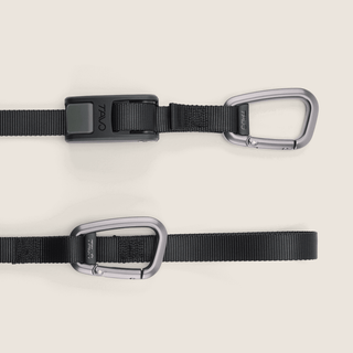 A close up of the Everett crash-rated anchor straps with forged aluminum carabiners