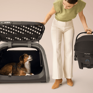 A woman with her hand on the Everett door looking at the dog inside the crate while holding a Nuna Pipa car seat in her other hand