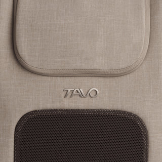 Close-up of Kamella pet backpack front side showing flame-resistant fabrics.