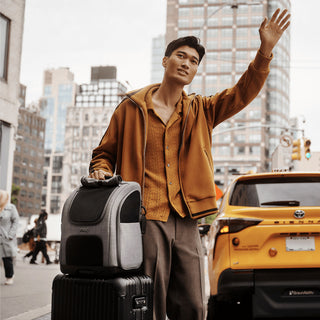 Man waves down a taxi holding the Kamella pet backpack securely on a suitcase with the trolley sleeve.