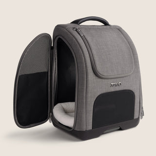 Close up of the easy-access, zippered size door open on the Kamella pet backpack. 