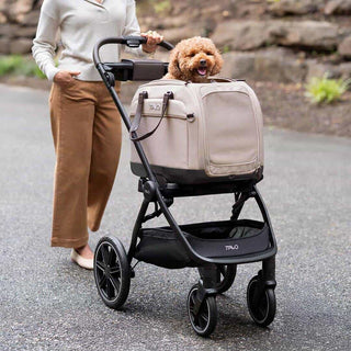 Person pushing a Roscoe pet stroller with a dog inside a Hendrick carrier on a paved path.