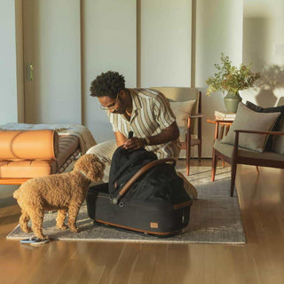 A man and a small brown dog sit next to the Maeve pet carrier in a serene space