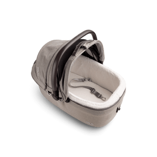 top view of beige medium pet car seat with canopy open and leash with white comfort liner, fawn