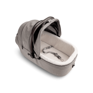 top view of beige large pet car seat with canopy open and leash with white comfort liner, fawn