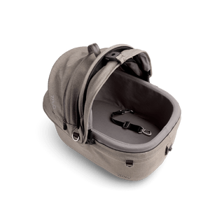 top view of beige small pet car seat with canopy open and short leash with beige liner, fawn