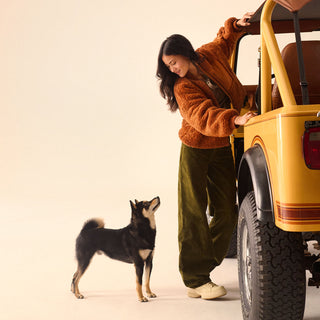 Woman opening the door of a yellow Jeep Wrangler for a dog on a beige background