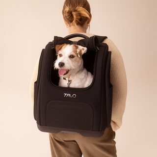 A Kamella Pet Backpack and Car Seat on a woman's back with a dog inside of it.