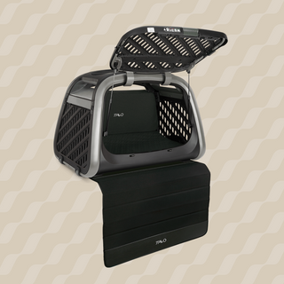 Everett L Vehicle Bumper Guard attached to Everett Pet Cargo Crate from a side angle