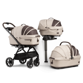 Maeve car seat in three sizes; one on Roscoe stroller frame, one on car seat base, one stand alone, fawn