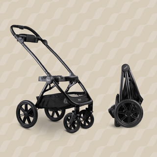 Roscoe Trek  Pet Stroller Frame in Chocolate shown fully expanded and fully folded