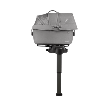 side view of gray small pet car seat on base with extended load leg and side impact protection, merle
