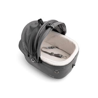 top view of gray small pet car seat with canopy open and leash with white comfort liner, merle