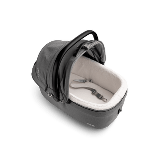 top view of gray medium pet car seat with canopy open and leash with white comfort liner, merle