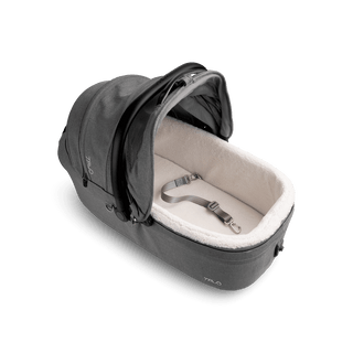 top view of gray large pet car seat with canopy open and leash with white comfort liner, merle