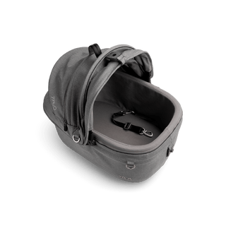 top view of gray small pet car seat with canopy open and short leash with gray liner, merle