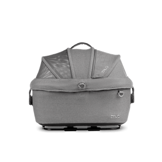 side view of gray small pet car seat with canopy closed, merle