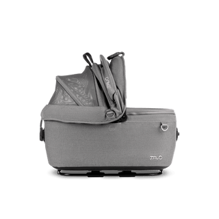 side view of gray small pet car seat with right side of canopy open, merle