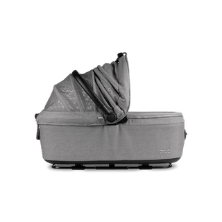 side view of gray large pet car seat with right side of canopy open, merle