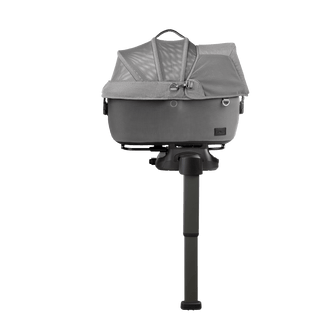 side view of gray small pet car seat with mesh fabric, secured on a base with extended load leg and side impact protection, merle aire