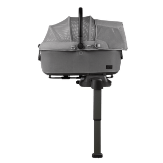 side view of gray medium pet car seat with mesh fabric, secured on a base with extended load leg and side impact protection, merle aire