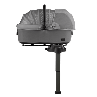 side view of gray large pet car seat with mesh fabric, secured on a base with extended load leg and side impact protection, merle aire