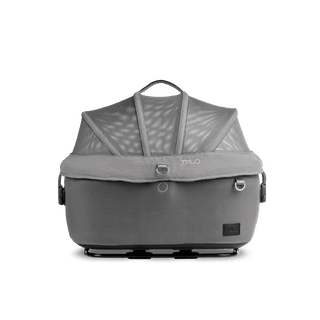 side view of gray small pet car seat with closed all-mesh canopy, merle aire