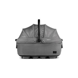 side view of gray medium pet car seat with closed all-mesh canopy, merle aire