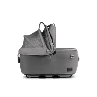 side view of gray small pet car seat with right side of all-mesh canopy open, merle aire