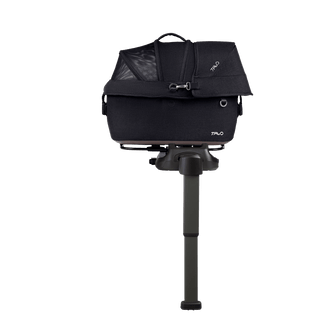side view of black small pet car seat on base with extended load leg and side impact protection