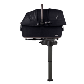 side view of black medium pet car seat on base with extended load leg and side impact protection, onyx