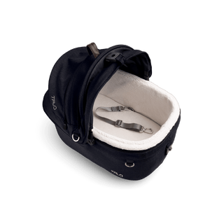 top view of black small pet car seat with canopy open and leash with white comfort liner