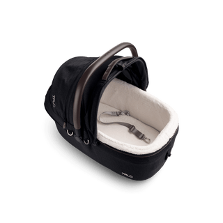 top view of black medium pet car seat with canopy open and leash with white comfort liner, onyx