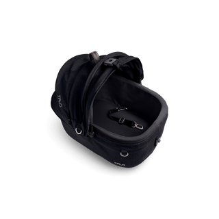 top view of black small pet car seat with canopy open and short leash with black liner