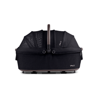 side view of black large pet car seat with canopy closed, onyx