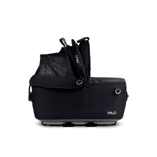 side view of black small pet car seat with right side of canopy open