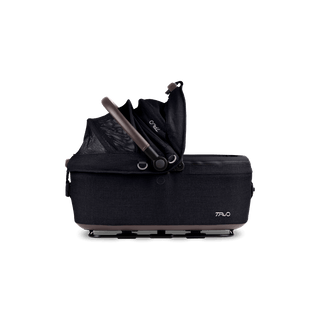 side view of black medium pet car seat with right side of canopy open, onyx
