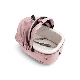 top view of pink small pet car seat with canopy open and leash with white comfort liner, sakura