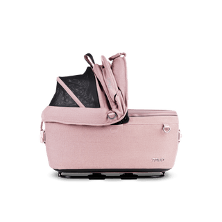 side view of pink small pet car seat with right side of canopy open, sakura