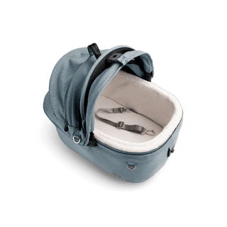 top view of blue small pet car seat with canopy open and leash with white comfort liner, skye
