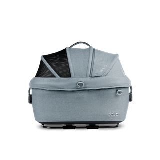 side view of blue small pet car seat with canopy closed, skye