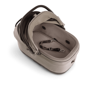 A Maeve iso 6x Wind Pet Car Seat in the fashion fawn on an angle showing the mesh liner