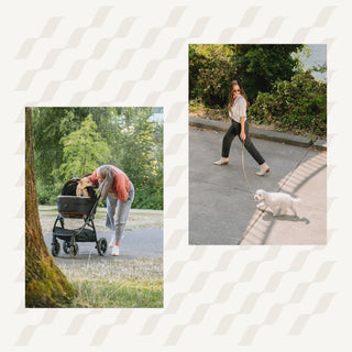 Collage of two images: On the left, a woman on a wooded walking path leaning over to pet her dog riding in a Tavo Maeve stroller. On the right, a woman walking on along the water on a path with her white dog on a leash